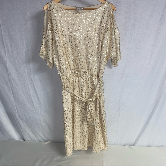 Beige by eci Dresses Beige By Eci Gold Sequin Dress Size 2 Cold Shoulder Belted Elastic